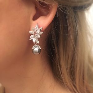 White Gold Plated/Pearl CZ Leaf Drop Earrings